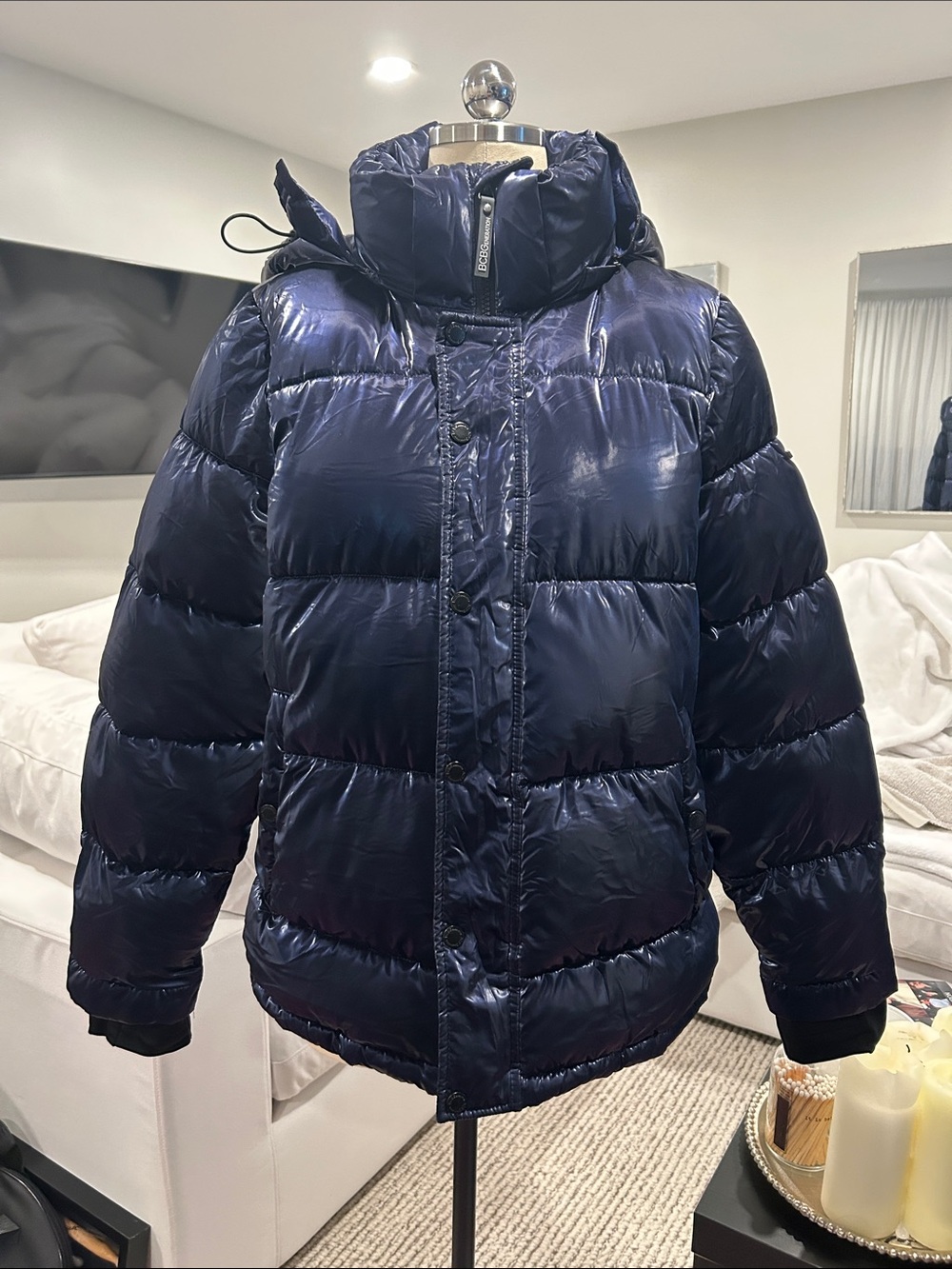 BCBGeneration Navy Shiny Puffer Jacket with Hood